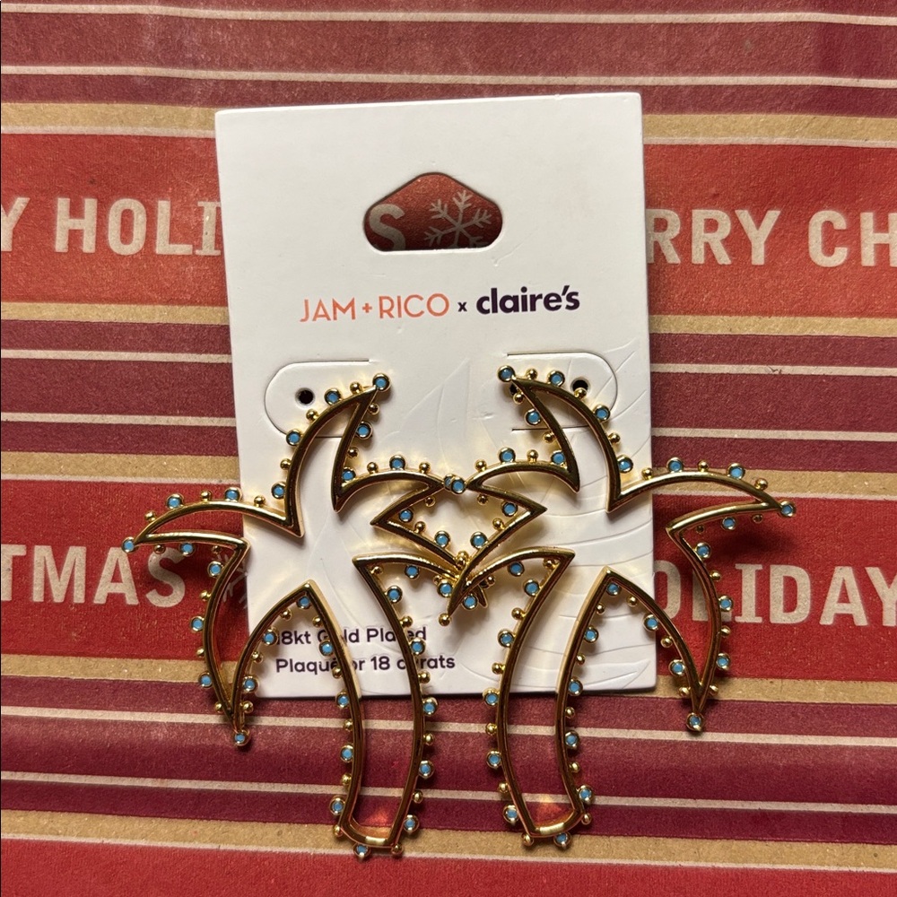 Jam RICO Claire’s collab 18kt Gold plated palm tree earrings pierced ears NWT